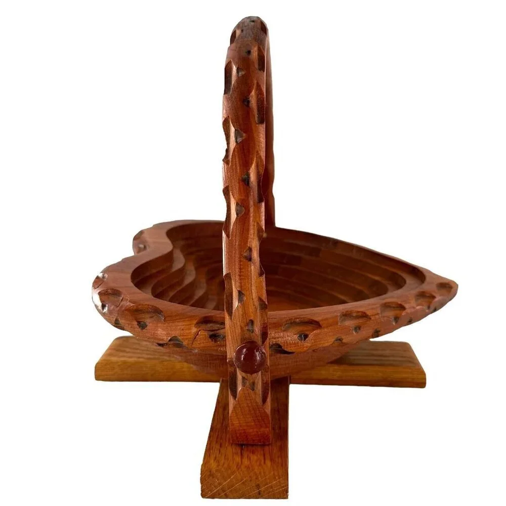 Vintage Handmade Heart Shape Folding Wooden Cedar Basket Victorian Farmhouse